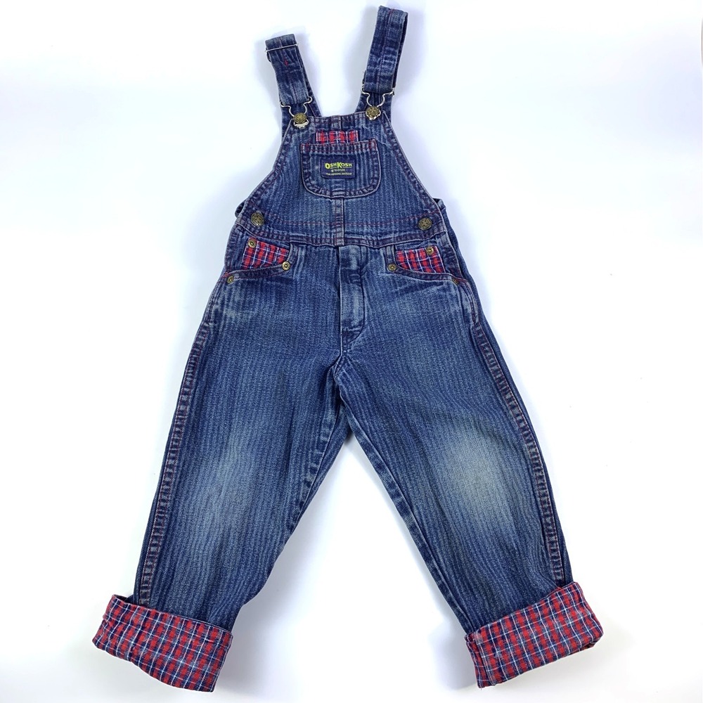 VTG Union Made OshKosh B'Gosh Bib Overalls Kids 4T Denim Stripe Plaid Cuffs Vest